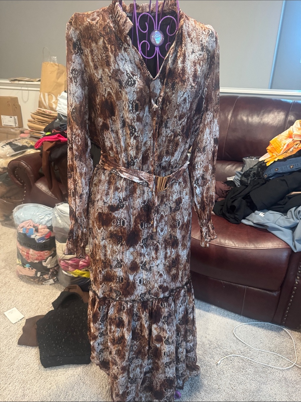MOTF Brown Patterned Long Sleeve Belted Maxi Dress